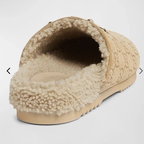 Horsebit Gucci GG Suede Shearling Mules Beige Size 38 - Picture 2 of 4